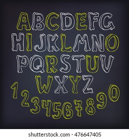 Hand drawn vector letters set, creative halloween font. Doodle abc on blackboard, alphabet set isolated.