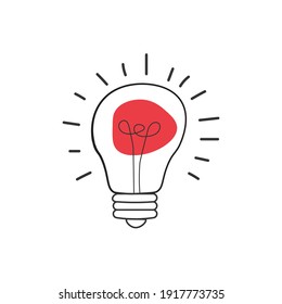 Hand drawn Vector light bulb icon with concept of idea. brainstorm and teamwork. Great idea eureka icon concept. Doodle hand drawn sign. Stock Vector illustration isolated