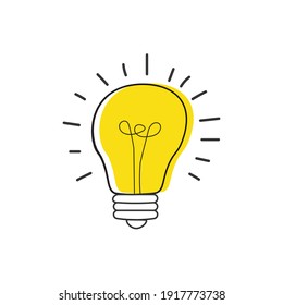 Hand drawn Vector light bulb icon with concept of idea. brainstorm and teamwork. Great idea eureka icon concept. Doodle hand drawn sign. Stock Vector illustration isolated