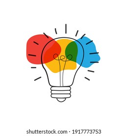 Hand Drawn Vector Light Bulb Icon With Concept Of Idea. Brainstorm And Teamwork. Great Idea Eureka Icon Concept. Doodle Hand Drawn Sign. Stock Vector Illustration