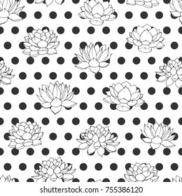 Hand drawn vector lilies contours with black polka dot seamless pattern on white background. Retro floral design.