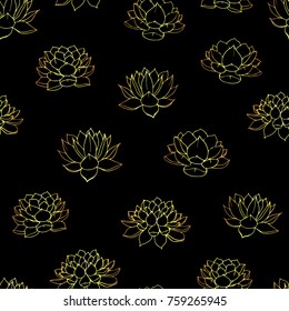 Hand drawn vector lilies gold contours seamless pattern on the black background. Vintage floral design.