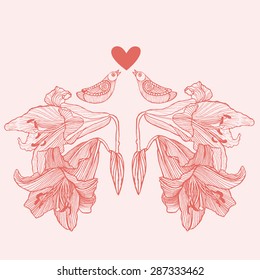 Hand drawn vector lily flowers and love birds background. Vintage floral and love vector illustration. Can be used for invitation cards for wedding, interior decoration, print for t-shirt etc. 