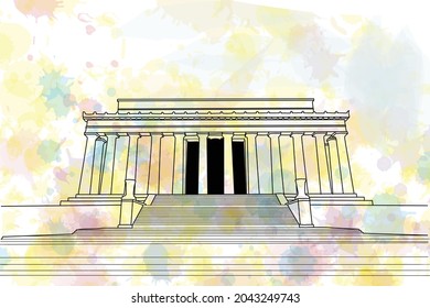 Es ist eine handgezeichnete Vektorgrafik von Lincoln Memorial in Washington DC. Diese Grafik ist mit Aquarellfarben bedeckt.