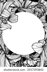 Hand drawn vector line art black tiger lilies. Outline summer flowers grouped under a white circle on a white background. Luxurious elegant A4 design for print or online projects.