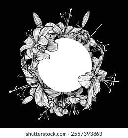 Hand drawn vector line art tiger lilies. Outline summer flowers grouped under a white circle on a white background. 
