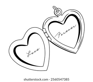 Hand drawn vector line art romantic heart pendant, isolated jewelry with Love Forever, line drawing illustration design