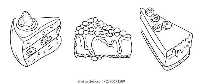 Hand drawn vector line art illustrations of three different cake slices with intricate details, including fruits and drizzled toppings, outlined in black and white, perfect for coloring designs