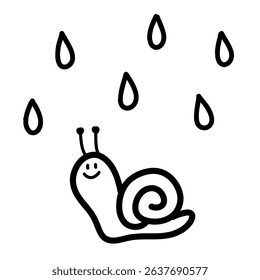 Hand drawn vector line art illustration of smiling snail character with raindrops. Color is black.