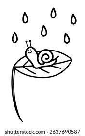 Hand drawn vector line art illustration of a smiling snail character sitting on a leaf. Color is black.