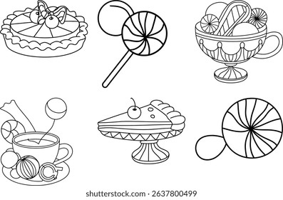 Hand Drawn Vector Line Art of Sweets, Pie, Lollipops, and Candy