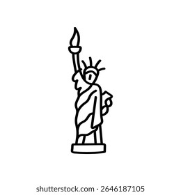 Hand drawn vector line art illustration shows the Statue of Liberty. A torch is held high. The iconic landmark represents New York and United States history