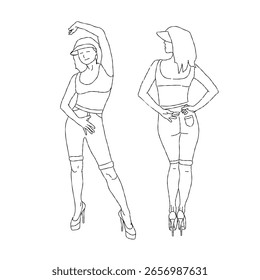 Dibujado a mano línea de Vector arte mujer pose vista frontal y trasera