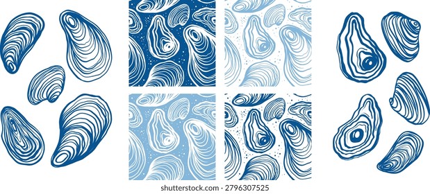 Hand drawn vector line art elements and seamless patterns featuring fresh seafood oysters and clams