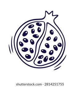 Dibujado a mano línea de Vector ilustración de arte de una granada a la mitad. Ilustración para el diseño de diversos productos, jugos, cosméticos. Aislado en blanco