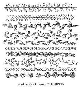 Hand drawn vector line border set and design element. Illustration of doodles 