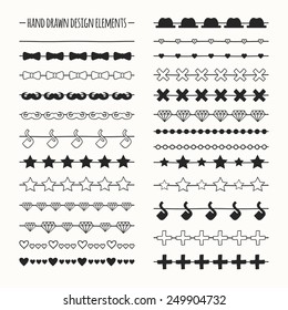 Hand drawn vector line border set and scribble design element. Hipster vintage fashion pattern with mustache. Illustration. Trendy doodle style brushes. 