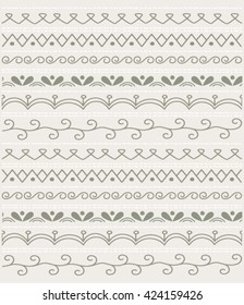 Hand drawn vector line border set and scribble design element. Geometric vintage fashion pattern