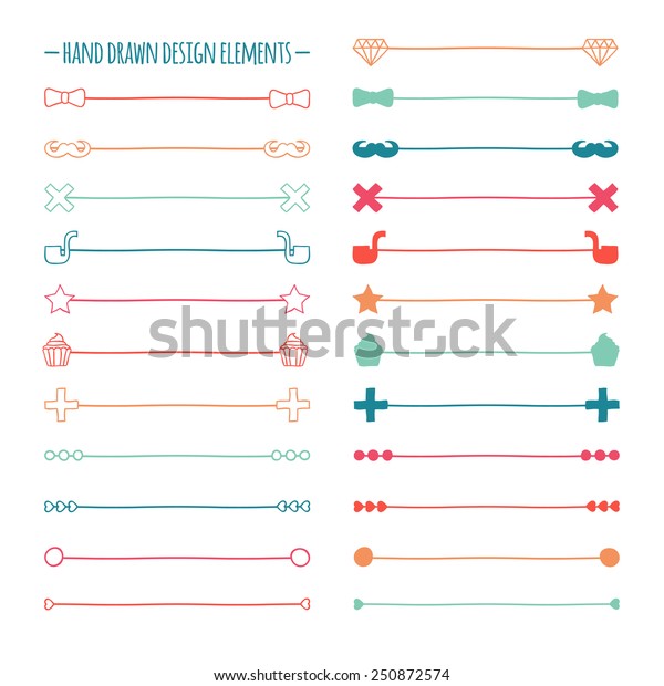 Hand drawn vector line border set and scribble\
design element. Hipster vintage pattern with mustache.\
Illustration. Trendy doodle style brushes.\

