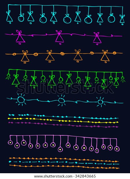 hand drawn vector line border set and doodle design\
elements for happy new year and merry christmas in neon style happy\
line classic tree white vacation nails star group hand traditional\
party black h