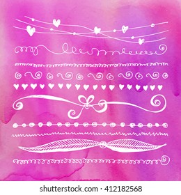 hand drawn vector line doodles border set and scribble design element color line love pink water classic white vegetation flower nails hand abstract background scene edge leaf drawn heart set art clas