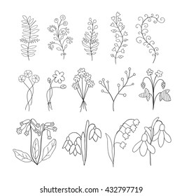 Hand drawn vector line floral set. Doodle line flowers