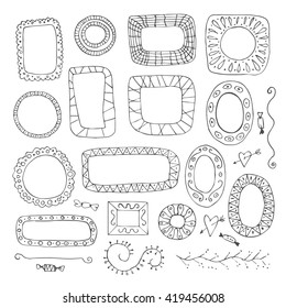 Hand drawn vector line frame illustration set. Doodle line frames. Floral elements. 