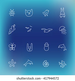 Hand drawn vector line icon set for website design or printed products for kindergarten, veterinary clinic, greeting card, zoo. Icons set of animals, birds, insects. Icons of cute and friendly animals
