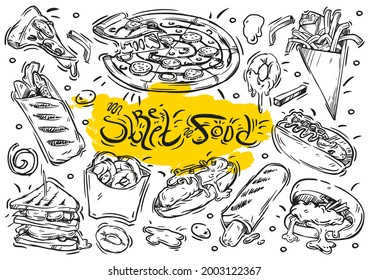 Hand drawn vector line illustration. Doodle collection street food menu: burger, sandwich, french fries, french hot dog, sauce, pizza, potatoes, bao, onion rings, shawarma