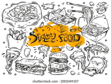Hand drawn vector line illustration on white background. Doodle collection street food menu: burger, sandwich, noodles, pizza, nachos, potato wedges, calzone, sauce