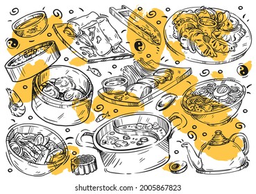 Hand drawn vector line illustration food. Doodle Chinese cuisine: spring rolls, tom yum soup, ramen, har gow dumplings, soy sauce, green tea, yue bing, hotpot, noodles, bao, rice, peking duck meat