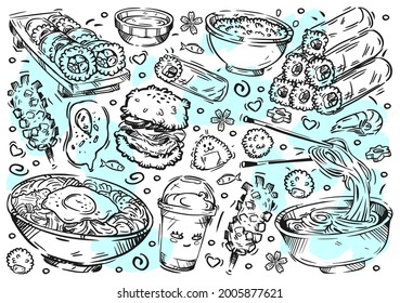 Hand drawn vector line illustration food on white board. Doodle Korean cuisine: rolls, meat, rice burger,desert, gimbap, bibimbap, noodles, jjajangmyeon, onigiri, milkshake