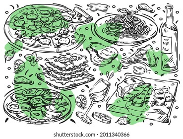 Hand drawn vector line illustration food on white board. Doodle Italian cuisine: pizza, grill meat, pasta, lasagna, caprese, white wine