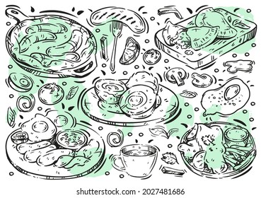 Hand drawn vector line illustration food on white board. Doodle British cuisine: fish and chips, english breakfast, faggots, cornish pasty, toad in the hole, tea, scotch egg, grilled sausages