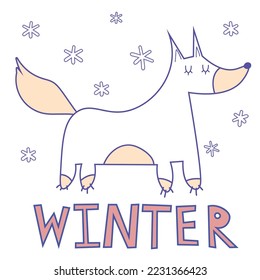 Hand drawn vector line illustration of a cute funny fox, with lettering quote Winter. Isolated objects on white background. Scandinavian style flat design. Concept children print. Woodland animal. EPS
