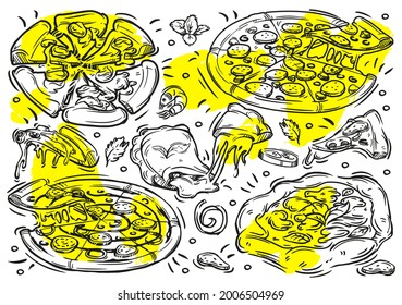 Hand drawn vector line illustrations food with graphic of pizza on the white background. Doodle vintage elements, ingredients, pepperoni, calzone, margherita, chicago