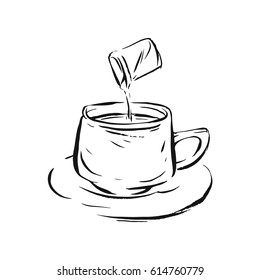 Hand drawn vector line ink sketch of ecspresso coffee cup isolated on white background.Design decoration element.