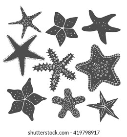 Hand drawn vector line sea star set. Doodle line starfishes. Cute black starfish on a white background