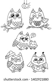 Hand drawn vector line sketches of funny cute cartoon owls on white background