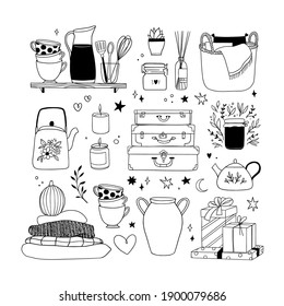 Hand drawn vector linear illustration - Set of home decor: candles, kitchen utensils, vase, gifts, ceramics. Scandinavian style. Cozy house. Hygge. Perfect for your brand logo, branding, stickers, pic