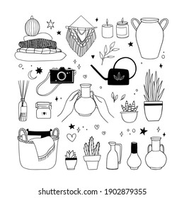 Hand drawn vector linear illustration - Set of home decor: plants, sweaters, blanket, macrame, candles. Scandinavian style. Cozy house. Huggy. Perfect for your brand logo, branding, stickers, pictures