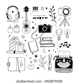 Hand drawn vector linear illustration - Set of art supples: musical instruments, typewriter, camera, candles, gifts, ceramics. Hygge. Artist office. Perfect for your brand logo, branding, stickers, de