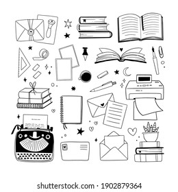 Hand drawn vector linear illustration - Set of books, office supplies, printer, typewriter, letters. Work from home. Home office. Perfect for your brand logo and branding. 