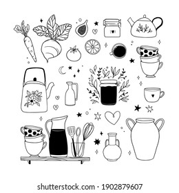 Hand drawn vector linear illustration - Set of kitchen items: cups, cans, food, vegetables, teapot, vase, ceramics. Hygge. Cozy home. Perfect for your brand logo, branding, stickers, designs, blogs
