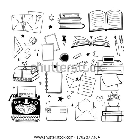 Hand drawn vector linear illustration - Set of books, office supplies, printer, typewriter, letters. Work from home. Home office. Perfect for your brand logo and branding. 