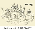 Hand drawn vector linear sketch of Red Fort, New Delhi, India.