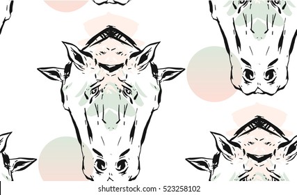 Hand drawn vector lined abstract ink graphic horses mirror heads seamless pattern isolated on white background.Minimalistic style.Unusual pattern.Wrapping paper,Fashion print.Trendy Decoration.