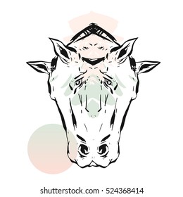 Hand drawn vector lined abstract ink graphic horses mirror heads print isolated on white background.Minimalistic style.Creative artwork.Fashion print.Minimalistic style.T-shirt design,sign,decoration.