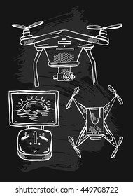 Hand drawn vector lined illustration of drones isolated on white background.Delivery drones with camera.Design elements for drones logo,quadcopter delivery company.Drones icons set.