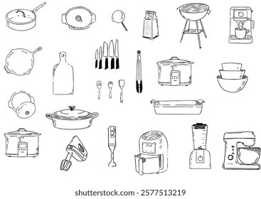 hand drawn vector linework illustration of kitchenware. Stylized vector linework pf cooking and kitchen related items